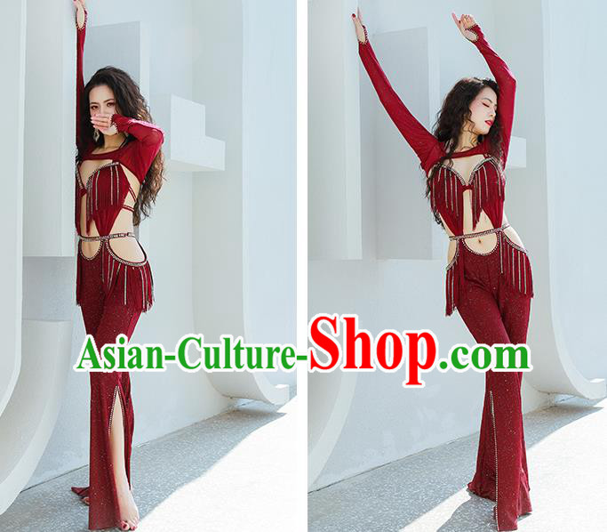 Asian Indian Belly Dance Wine Red Uniforms Traditional Raks Sharki Oriental Dance Jumpsuit Costume