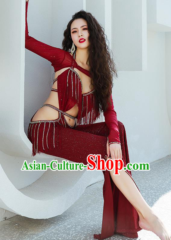 Asian Indian Belly Dance Wine Red Uniforms Traditional Raks Sharki Oriental Dance Jumpsuit Costume