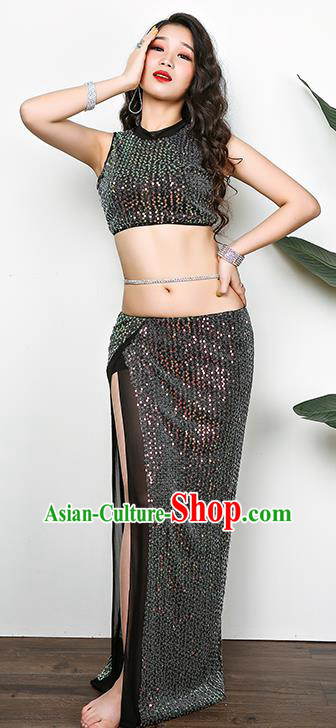 Traditional Asian Oriental Dance Training Costumes Indian Belly Dance Black Sequins Outfits