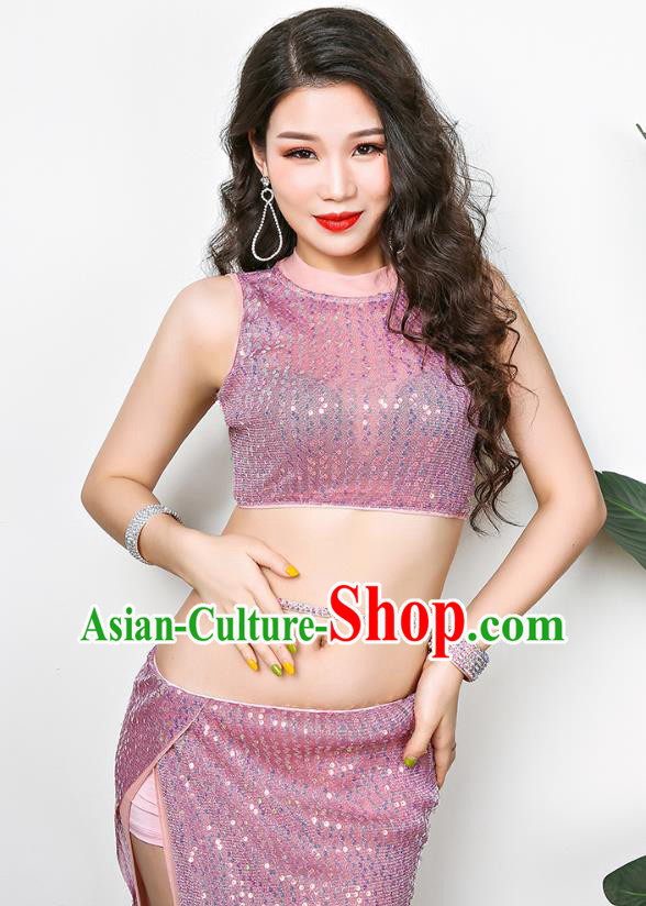 Indian Belly Dance Pink Sequins Outfits Traditional Asian Oriental Dance Training Costumes