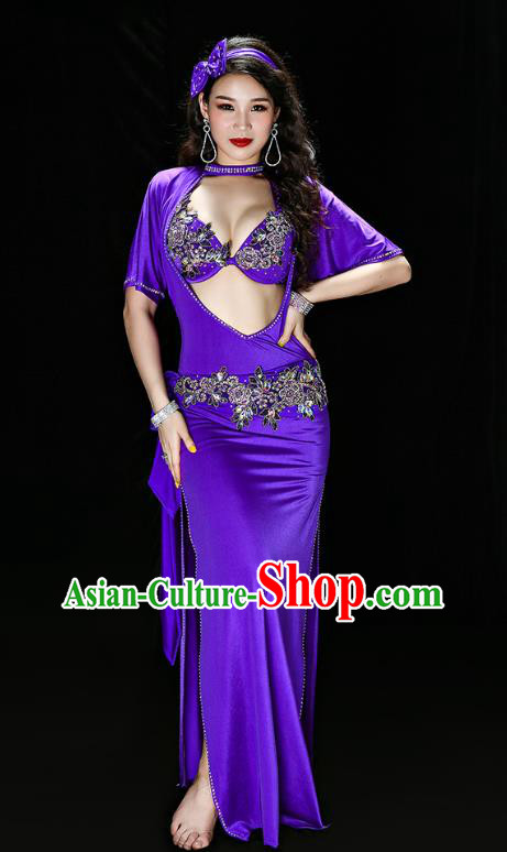Traditional Indian Belly Dance Performance Purple Outfits Asian Oriental Dance Stage Costumes