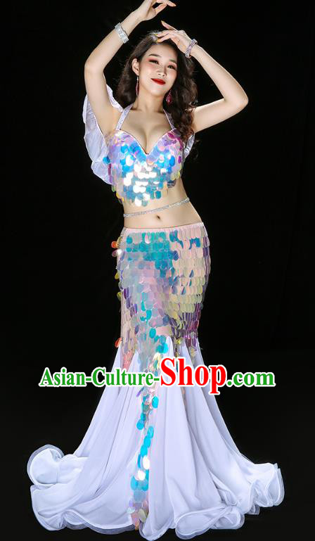 Traditional Indian Belly Dance Group Performance Costume Asian Oriental Dance Sequins White Fishtail Dress