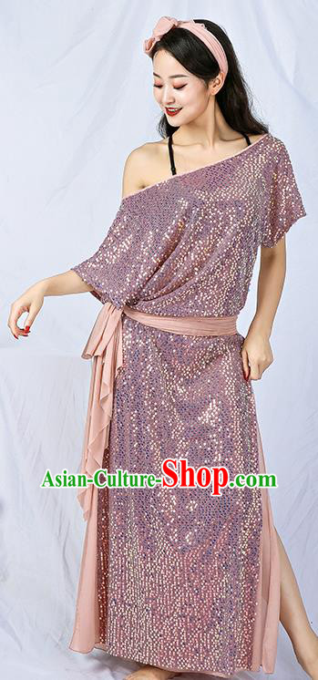 India Traditional Belly Dance Clothing Asian Oriental Dance Pink Sequins Robe