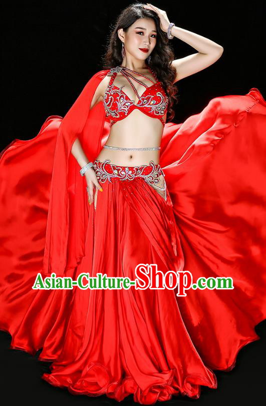 Traditional Asian Oriental Dance Bra and Skirt Costumes Indian Belly Dance Performance Red Satin Outfits