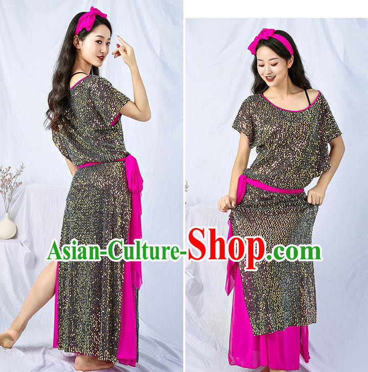 Asian Oriental Dance Grey Sequins Robe India Traditional Belly Dance Dress Clothing
