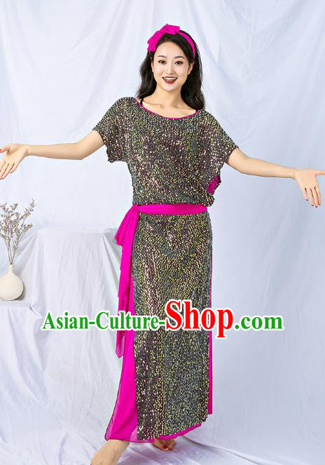 Asian Oriental Dance Grey Sequins Robe India Traditional Belly Dance Dress Clothing