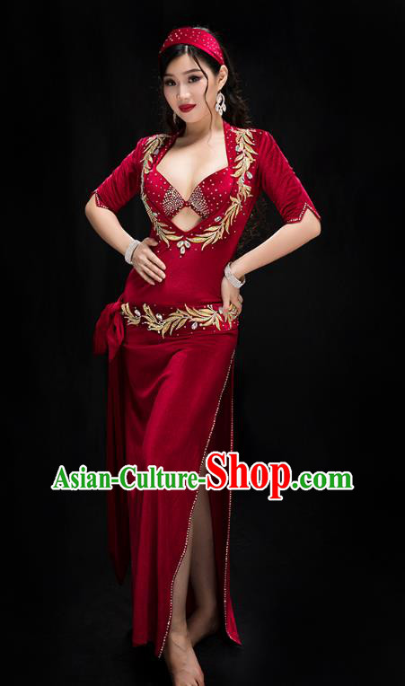 Asian Oriental Dance Stage Performance Outfits Traditional Indian Belly Dance Wine Red Bra and Velvet Robe Costume