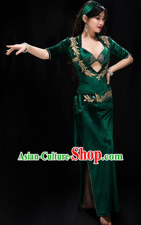 Traditional Indian Belly Dance Green Bra and Velvet Robe Costume Asian Oriental Dance Outfits
