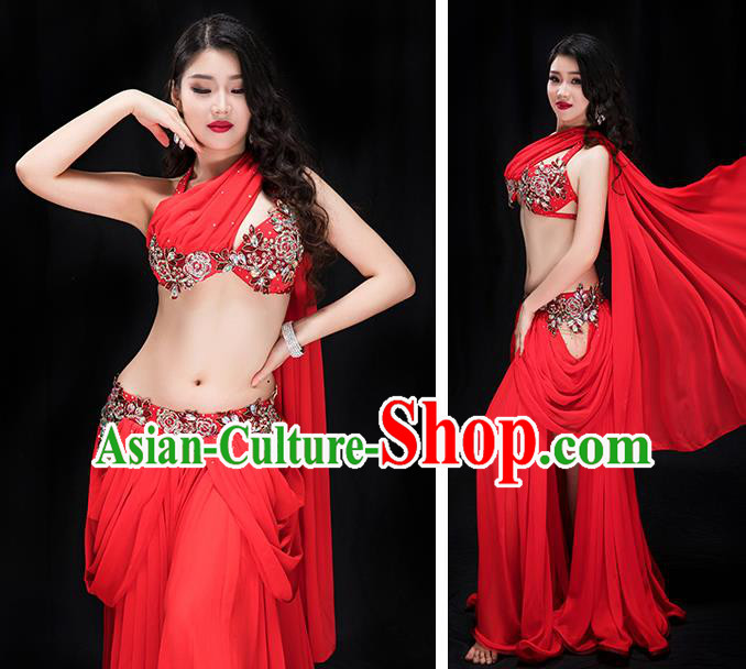 Traditional Asian Oriental Dance Stage Performance Clothing Indian Belly Dance Red Bra and Skirt Outfits