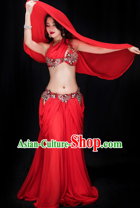 Traditional Asian Oriental Dance Stage Performance Clothing Indian Belly Dance Red Bra and Skirt Outfits