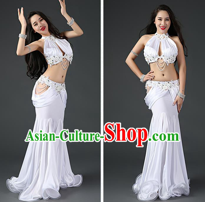 Asian Oriental Dance Bra and Fishtail Skirt Clothing Traditional Indian Belly Dance Sexy White Outfits