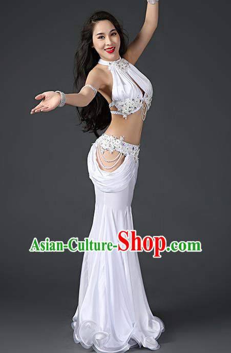 Asian Oriental Dance Bra and Fishtail Skirt Clothing Traditional Indian Belly Dance Sexy White Outfits