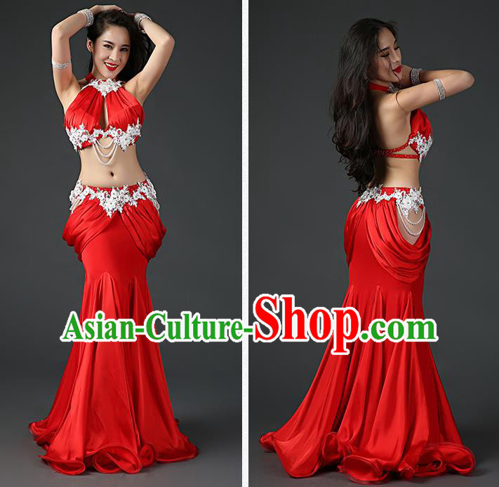 Traditional Indian Belly Dance Sexy Red Outfits Clothing Asian Oriental Dance Bra and Fishtail Skirt