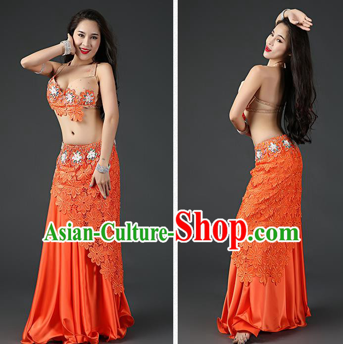 Asian Stage Performance Clothing Oriental Dance Embroidered Bra and Skirt Traditional Indian Belly Dance Orange Outfits