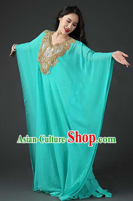 Asian Oriental Dance Sequins Green Chiffon Robe and Slip Dress India Traditional Belly Dance Stage Performance Clothing