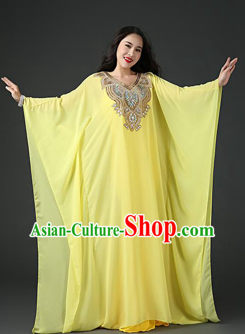 India Traditional Belly Dance Stage Performance Clothing Asian Oriental Dance Sequins Yellow Chiffon Robe and Slip Dress