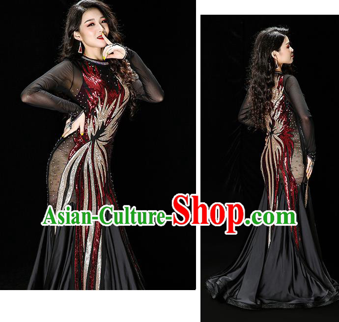 Asian Indian Belly Dance Embroidered Red Sequins Dress Traditional Oriental Dance Competition Costumes