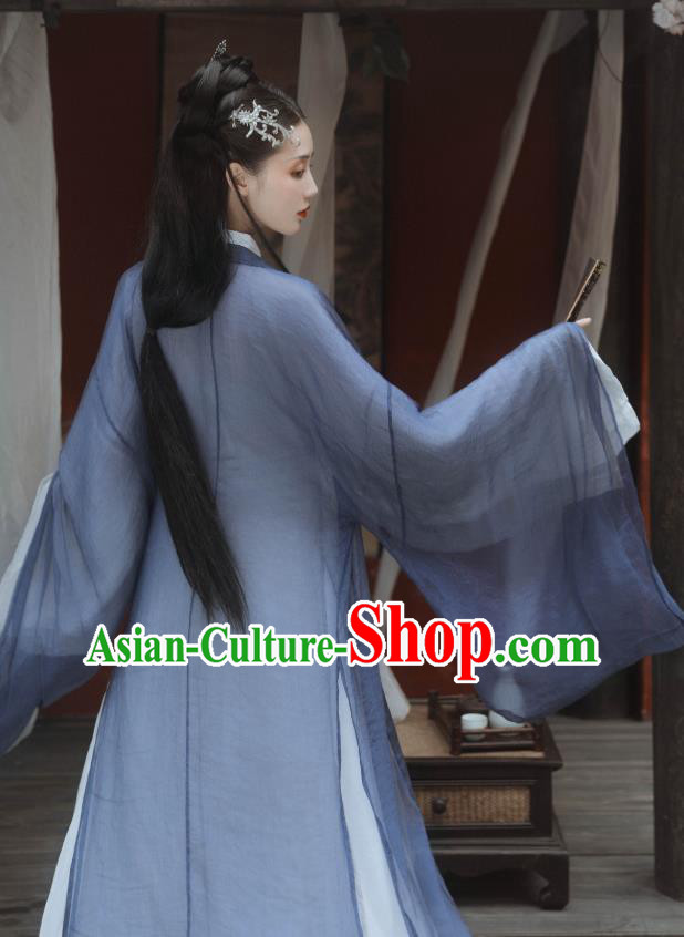 China Ancient Swordswoman Hanfu Dress Traditional Jin Dynasty Young Beauty Grey Clothing