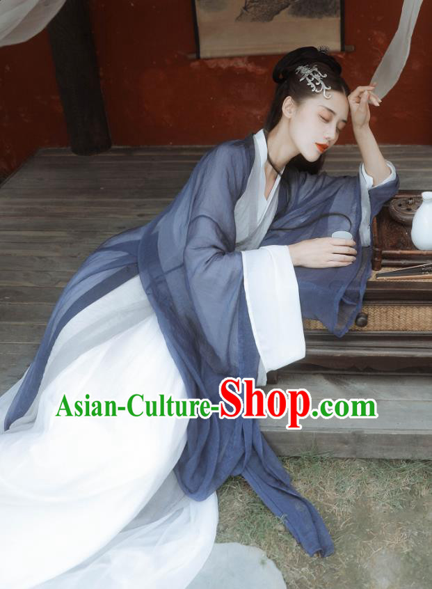 China Ancient Swordswoman Hanfu Dress Traditional Jin Dynasty Young Beauty Grey Clothing
