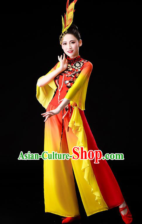 Chinese Traditional Folk Dance Fan Dance Clothing Yangko Dance Performance Yellow Outfits