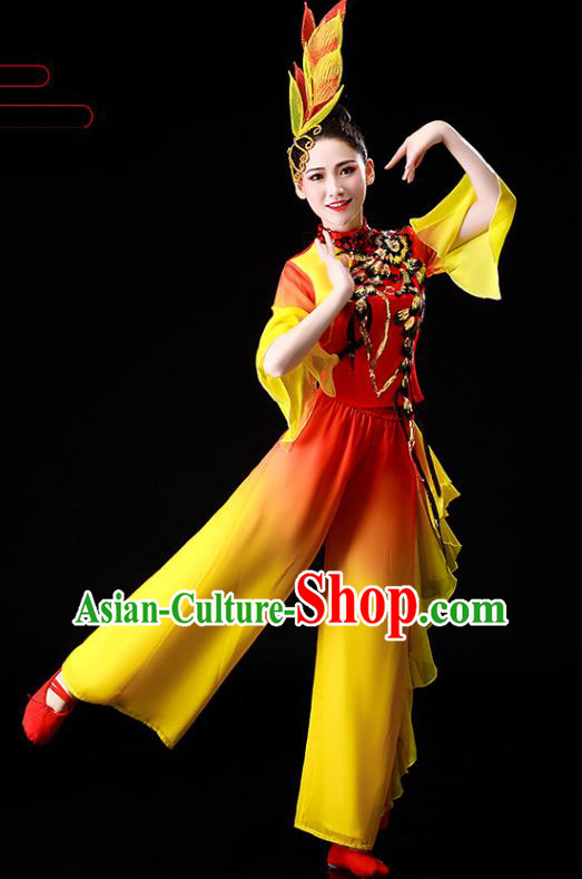 Chinese Traditional Folk Dance Fan Dance Clothing Yangko Dance Performance Yellow Outfits