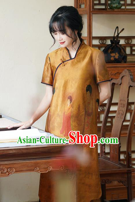 China National Printing Cheongsam Classical Beauty Pattern Ginger Silk Qipao Dress