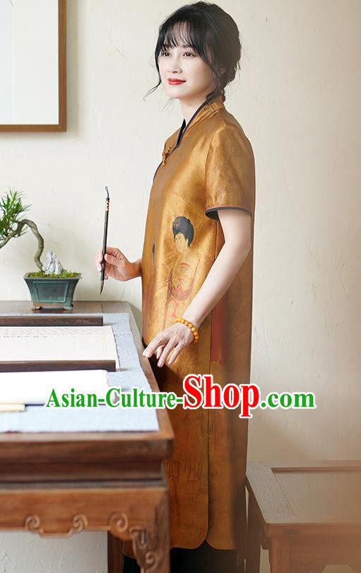 China National Printing Cheongsam Classical Beauty Pattern Ginger Silk Qipao DressChina National Printing Cheongsam Classical Beauty Pattern Ginger Silk Qipao Dress
