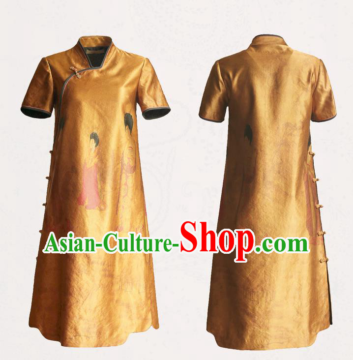 China National Printing Cheongsam Classical Beauty Pattern Ginger Silk Qipao Dress