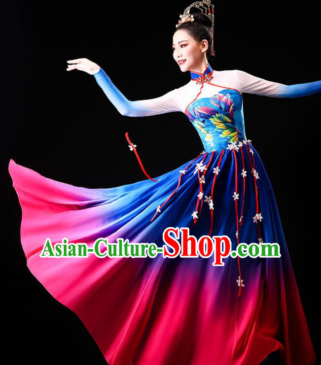 China Classical Dance Clothing Chorus Group Costume Opening Dance Blue Dress