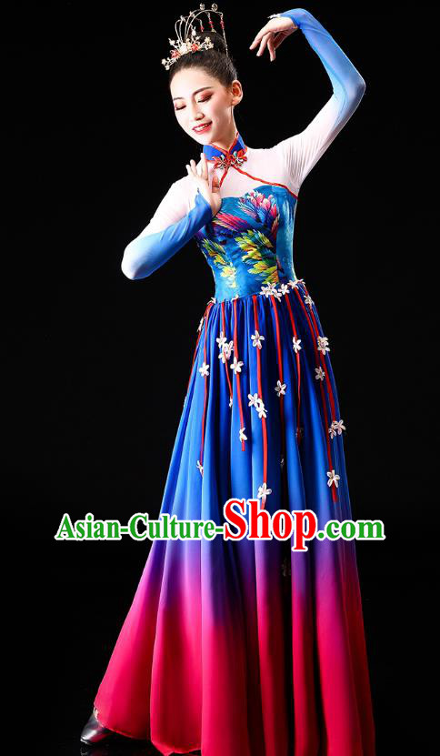 China Classical Dance Clothing Chorus Group Costume Opening Dance Blue Dress