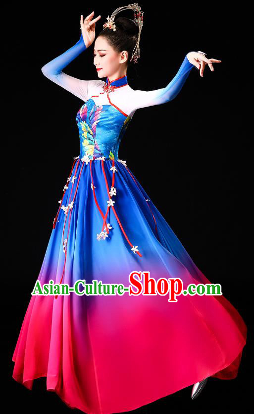 China Classical Dance Clothing Chorus Group Costume Opening Dance Blue Dress