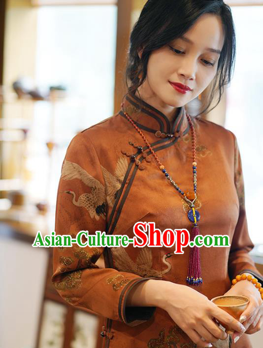 China Classical Cranes Pattern Brown Silk Qipao Dress National Printing Cheongsam
