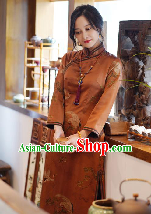 China Classical Cranes Pattern Brown Silk Qipao Dress National Printing Cheongsam