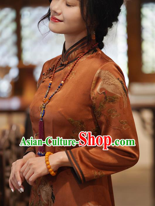 China Classical Cranes Pattern Brown Silk Qipao Dress National Printing Cheongsam