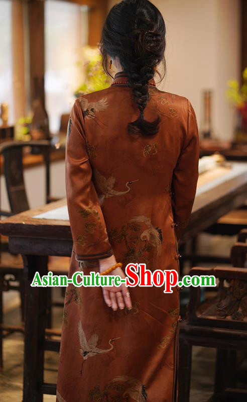 China Classical Cranes Pattern Brown Silk Qipao Dress National Printing Cheongsam