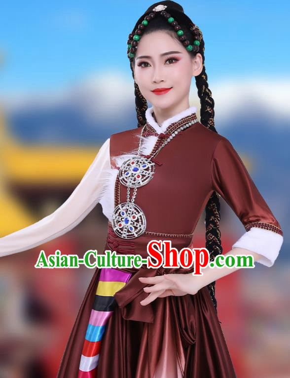 Chinese Traditional Zang Nationality Folk Dance Clothing Xizang Tibetan Ethnic Performance Brown Dress