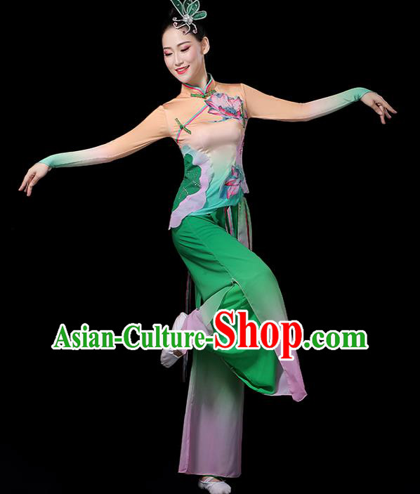 China Lotus Dance Costume Spring Festival Gala Yangko Dance Green Outfits Classical Dance Clothing