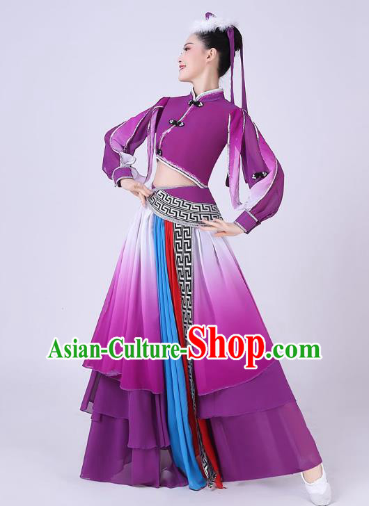 Chinese Traditional Mongolian Nationality Dance Clothing Mongol Ethnic Folk Dance Purple Dress Outfits