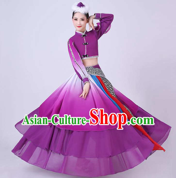 Chinese Traditional Mongolian Nationality Dance Clothing Mongol Ethnic Folk Dance Purple Dress Outfits