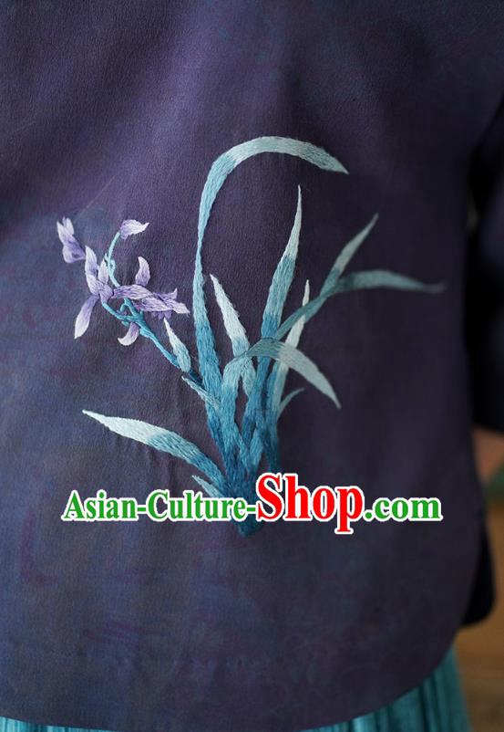 China Tang Suit Blouse National Women Clothing Classical Embroidered Orchids Purple Silk Shirt