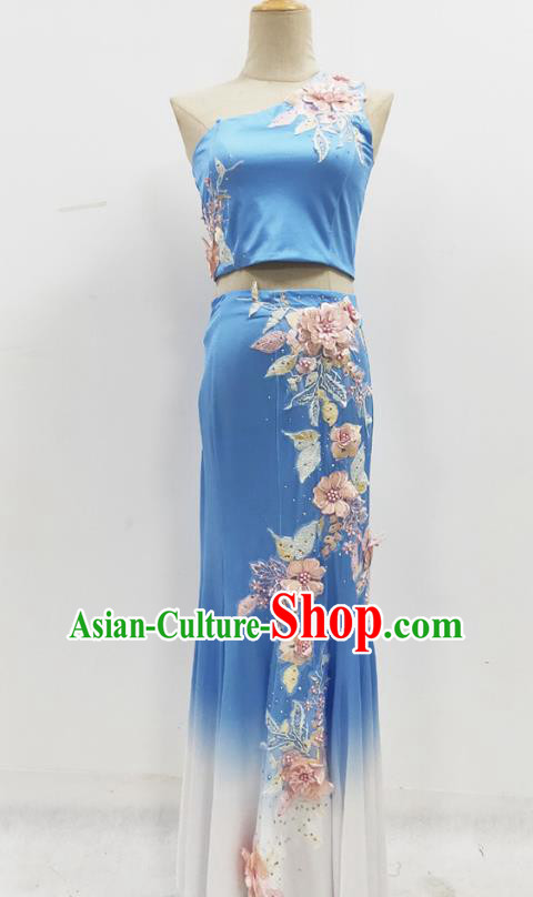 Chinese Traditional Dai Nationality Performance Blue Dress Yunnan Ethnic Peacock Dance Clothing