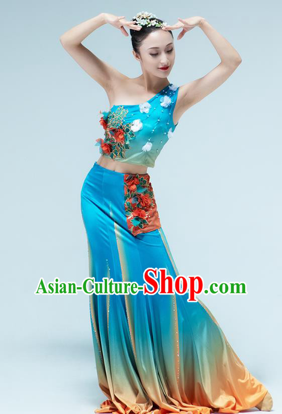 Chinese Traditional Dai Nationality Peacock Dance Blue Dress Outfits Yunnan Ethnic Performance Clothing