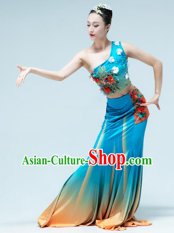 Chinese Traditional Dai Nationality Peacock Dance Blue Dress Outfits Yunnan Ethnic Performance Clothing