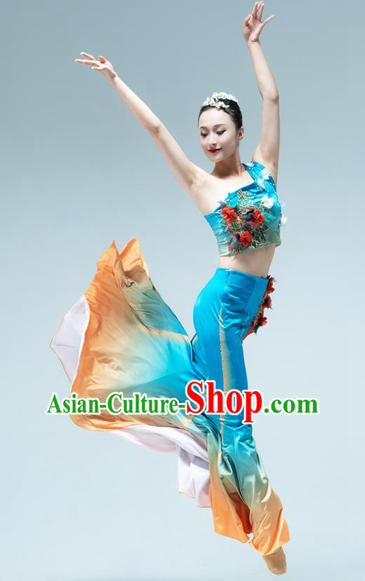 Chinese Traditional Dai Nationality Peacock Dance Blue Dress Outfits Yunnan Ethnic Performance Clothing