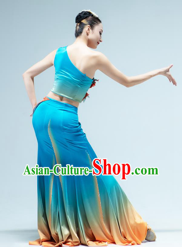 Chinese Traditional Dai Nationality Peacock Dance Blue Dress Outfits Yunnan Ethnic Performance Clothing
