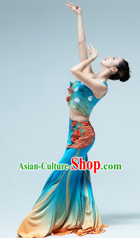 Chinese Traditional Dai Nationality Peacock Dance Blue Dress Outfits Yunnan Ethnic Performance Clothing