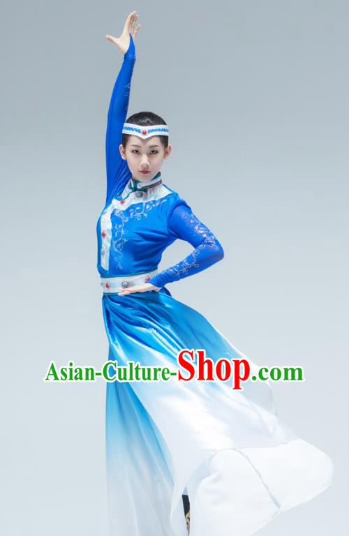 Chinese Mongol Ethnic Female Performance Clothing Traditional Mongolian Nationality Dance Blue Dress