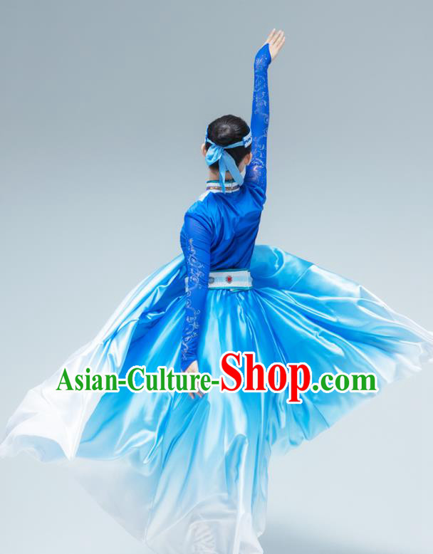 Chinese Mongol Ethnic Female Performance Clothing Traditional Mongolian Nationality Dance Blue Dress