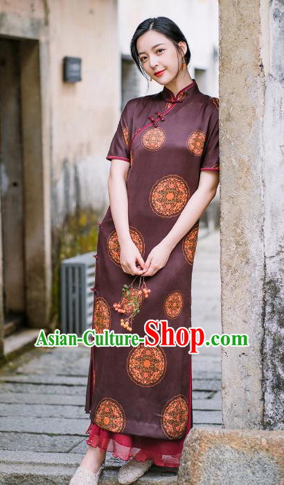 China National Young Lady Cheongsam Classical Purple Silk Qipao Dress Clothing