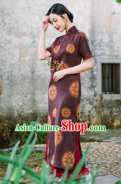 China National Young Lady Cheongsam Classical Purple Silk Qipao Dress Clothing